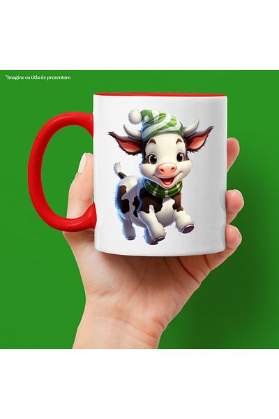 StoryGift Romania Mug with a cow frolicking with happiness | illustration | cheerful | hat | cold, With,STG.