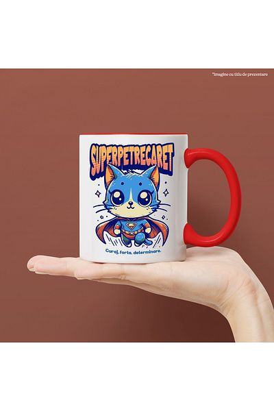 StoryGift Romania Super Party Mug, Superhero, Flying Cat, 330ml, Ceramic with Red Handle, With Ma,STG