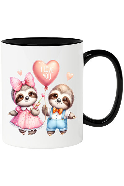 StoryGift Romania Cana cu 2 Sloth/lenesi | ilustratie | animalute | vesele | rochita | roz | balon, Cu Maner Negru