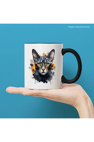 StoryGift Romania Cat Head Mug, Abstract, Mosaic, Paint Drops, Multicolor 330 ml, , With ,STG