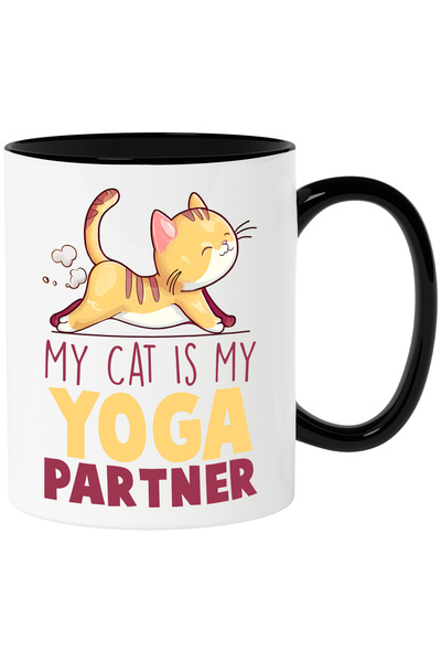 StoryGift Romania Cana cu pisicuta care se intinde cu mesajul "My cat is my yoga partner", meditat, Cu Maner Negru