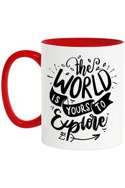 StoryGift Romania Cana cu mesajul in limba engleza "The world is yours to explore" - lumea iti apa, Cu Maner Rosu