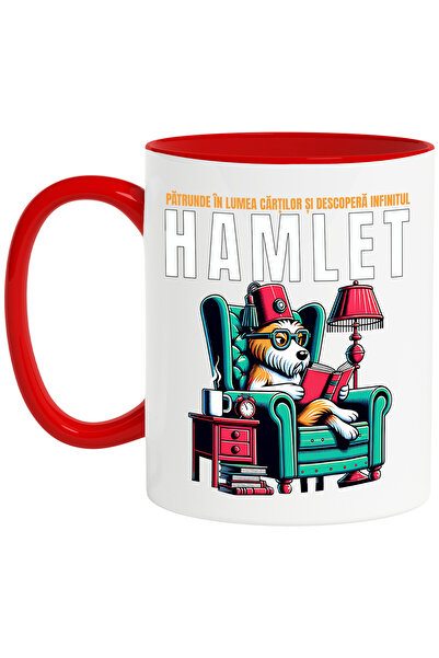 StoryGift Romania Cana HAMLET CAINE CITIND CARTI IUBITORR DE LECTURA, 330ml, Ceramic cu Maner Rosu, Cu Maner Rosu