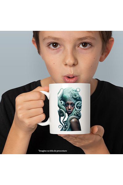 StoryGift Romania Cana cu Portret Femeie Medusa, Femeie de Culoare, Serpi Albastri, Mitologie, Med, Cu Maner Alb