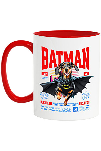 StoryGift Romania Cana cu Teckel / Dachshund Caine In Costum de BatMan cu Pelerina, Erou Nocturn, , Cu Maner Rosu