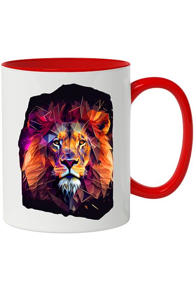 StoryGift Romania Cana Cu Cap De Leu, Arta Abstracta, Spatiu, Geometric, Multicolor 330 ml, Cerami, Cu Maner Rosu
