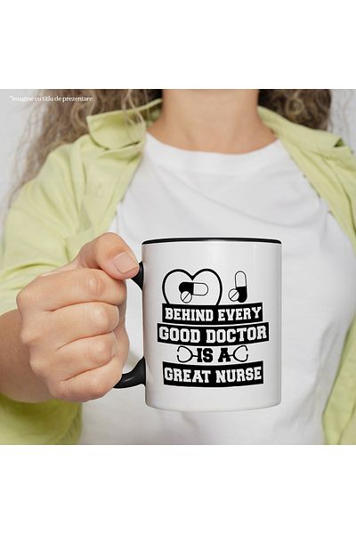 StoryGift Romania Cana cu pastile si textul "In spatele fiecarui doctor bun se afla o asistenta gr, Cu Maner Negru
