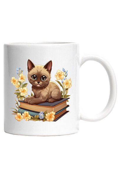 StoryGift Romania Cana cu o pisicuta care sta pe 2 carti | ilustratie | flori...