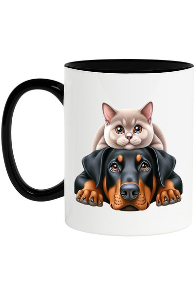 StoryGift Romania Mug with a cat and a puppy, friendship, peace, illustration, understanding with Ma, Cu, STG