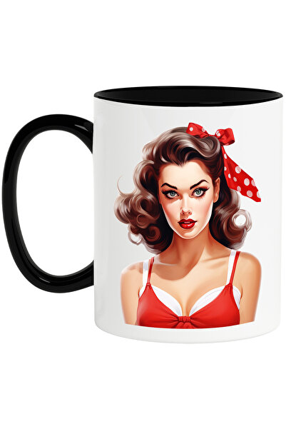 StoryGift Romania Cana cu o femeie cu par saten, ilustratie, stil retro, vechi, de moda veche, fru, Cu Maner Negru