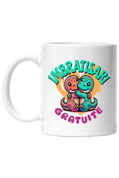 StoryGift Romania Cana cu Cuplu Dragoni Colorati Imbratisare Text Imbratisari Gratuite Copii, Drag, Cu Maner Alb