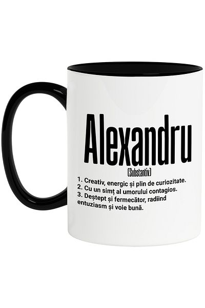 StoryGift Romania Cana Cu Numele Alexandru, Cu Mesaj Motivational, Creativ, Energic, Curios, Deste, Cu Maner Negru