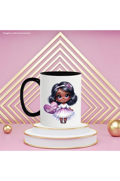 StoryGift Romania Cana cu o fetita de culoare | ilustratie | draguta | inimioara pe care scrie "Ha, Cu Maner Negru