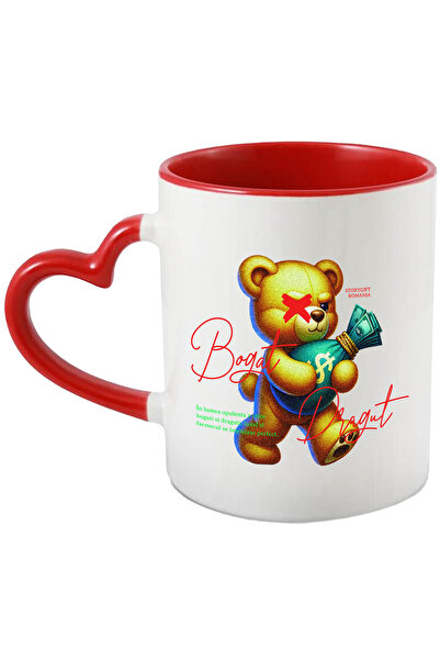 StoryGift Romania Cana urs de plus bogat si dragut bani, 330ml, Ceramica cu Maner Inima Rosie, Cu Maner Inima Rosie
