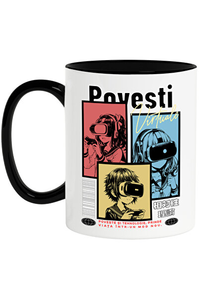 StoryGift Romania Cana Copii folosind ochelarii VR Povesti Virtuale, 330ml, Ceramica cu Maner Negr, Cu Maner Negru