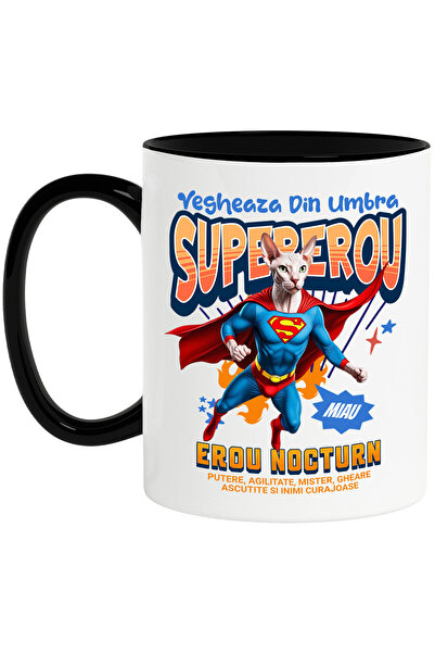 StoryGift Romania Cana cu Sphynx Pisica In Costum de SuperMan cu Pelerina, Erou Nocturn, Desene an, Cu Maner Negru