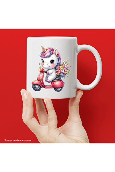 StoryGift Romania Cana cu un unicorn care se plimba cu scuterul, ilustratie, imbujorata, flori, ca, Cu Maner Alb