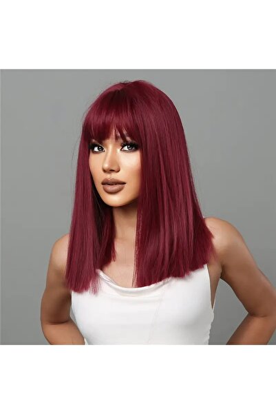 animis beauty Peruca medie Visinie /Burgundy, fibra sintetica cu aspect natural, par mediu drept, cu breton, 40 cm