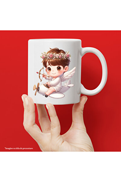 StoryGift Romania Cana cu un bebelus Cupidon, ilustratie, trage cu arcul, piloteaza un avion, coro, Cu Maner Alb