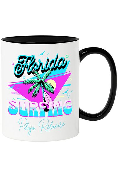 StoryGift Romania Cana cu Pamier Cu Nuci DE Cocos Si Placa De Surf Text Florida Surffing , Ceramic, Cu Maner Negru