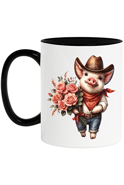 StoryGift Romania Cana cu un purcelus cowboy care tine un buchet cu trandafir...