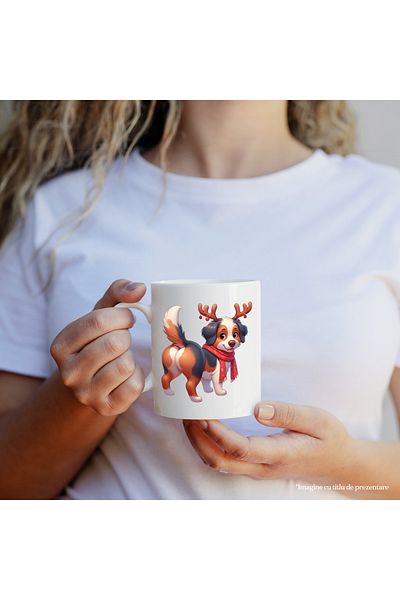 StoryGift Romania Mug with a cheerful puppy wearing reindeer antlers | illustration | scarf | winter | , With White Handle