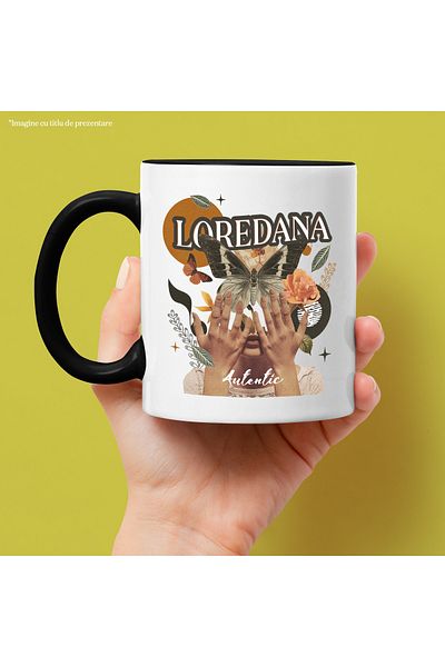 StoryGift Romania Mug With Name Loredana, Girl Collage, Butterfly, Flowers, Circle, 330ml, Ceramic with Ma, With
