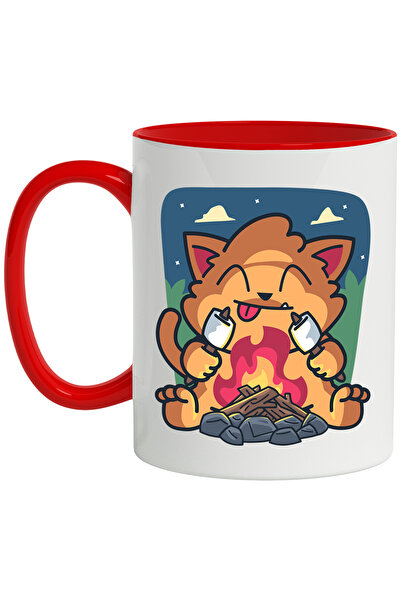 StoryGift Romania Cana Cu Pisica, Foc De Tabara, Bezele, Multicolor 330 ml, Ceramica cu Maner Rosu, Cu Maner Rosu