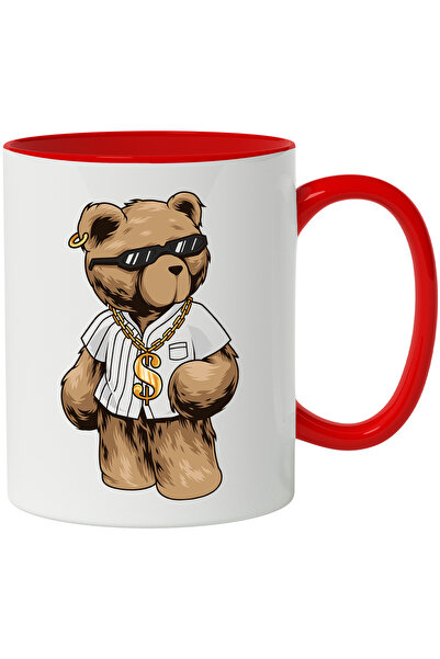 StoryGift Romania Cana Cu Urs De Plus, Lant, Ochelari De Soare, Cercel, Multicolor 330 ml, Ceramic, Cu Maner Rosu