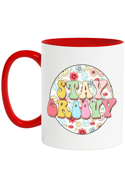 StoryGift Romania Cana cu mesajul "Stay groovy", stilul hippie, cultura, ilustratie, psihedelic, f, Cu Maner Rosu