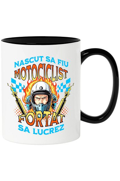 StoryGift Romania Cana cu Om Cu Casca Protectie Motor Tobe Esapament Flacari pasiune Nascut Sa Fiu, Cu Maner Negru