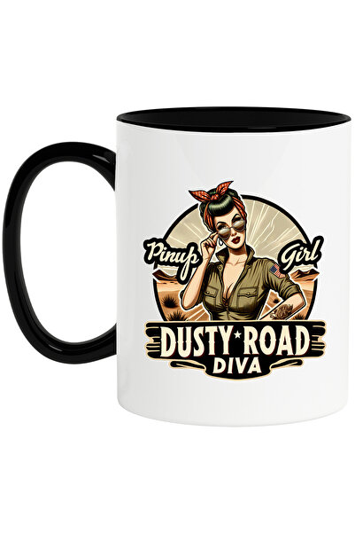 StoryGift Romania Cana cu mesajul "Pinup girl, dusty road diva", ilustratie, stil retro, vechi, de, Cu Maner Negru