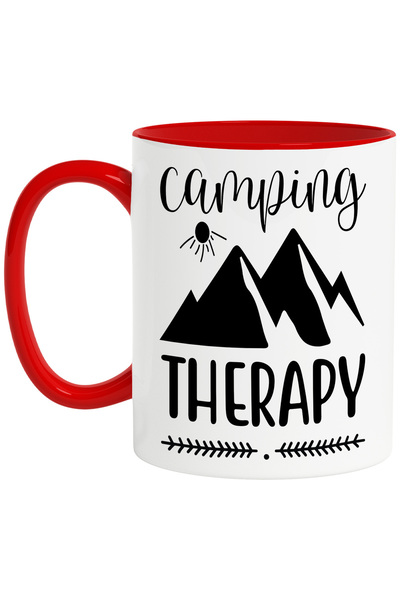 StoryGift Romania Cana cu munti si textul in engleza "Camping therapy" - terapie de camping/tabara, Cu Maner Rosu