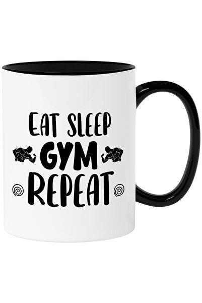 StoryGift Romania Cana cu textul "Eat sleep, gym, repeat" - mananca somn sala repeta pasiune sport, Cu Maner Negru