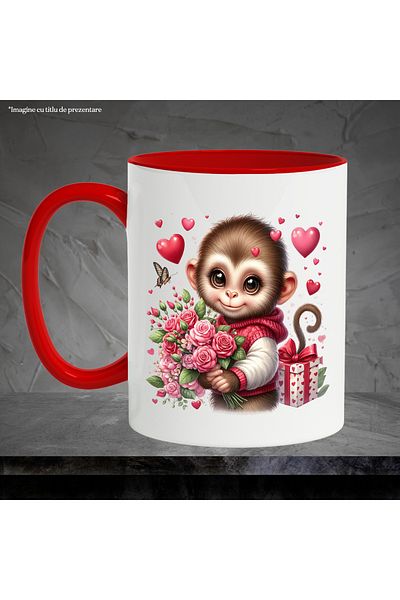 StoryGift Romania Mug with a cheerful monkey | illustration | holding a bouquet of roses | gift |, With ,STG