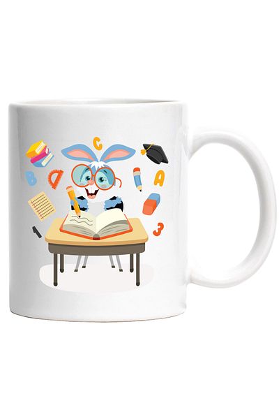 StoryGift Romania Cana Cu Iepure, Ochelari, Banca, Carte, Creion, Echer, Guma De Sters, Cifre, Mul, Cu Maner Alb