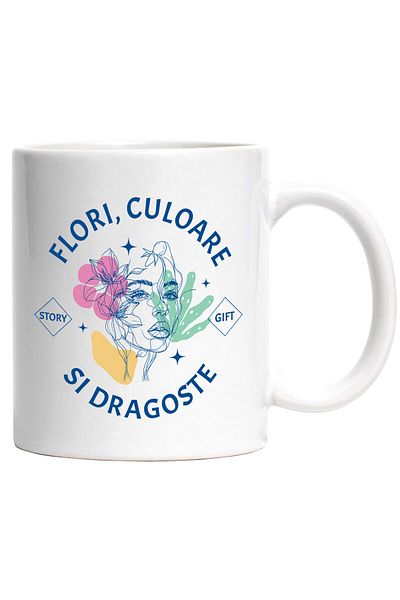StoryGift Romania Cana cu Chip Feminin Flori Colorate Text Flori Culoare Si dragoste, Ceramica, 33, Cu Maner Alb