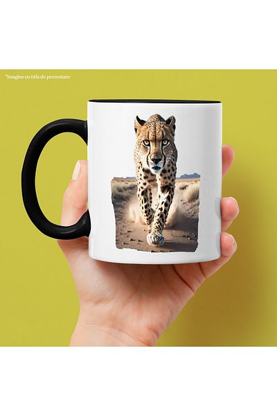 StoryGift Romania Cana Cu Leopard Alergand, Animale, Feline, Savana, Colti, Ghiare,Ceramica, 330ml, Cu Maner Negru