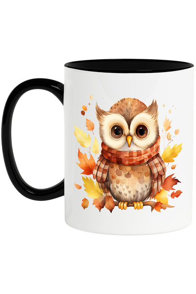 StoryGift Romania Cana cu o bufnita cu fular, ilustratie, toamna, frunze care...