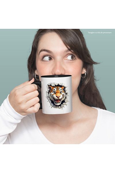 StoryGift Romania Mug with an aggressive tiger sticking its head out of a destroyed wall, illustration, fu, With Black Handle