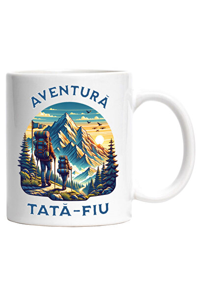 StoryGift Romania Cana aventura pe munte tata fiu, familie, natura camping, 330ml, Ceramic cu Mane, Cu Maner Alb