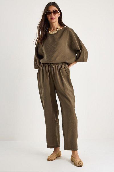 Bianco Lucci Women Boat Neck Half Sleeve Blouse Elastic Waist Baggy Pants Bottom-Top Suit 60283118