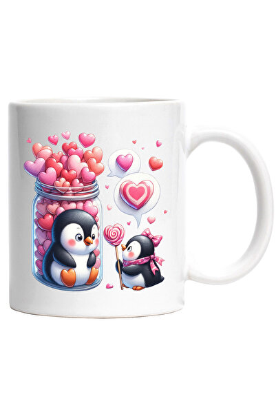 StoryGift Romania Cana cu o femela pinguin si un pinguin | ilustratie | sta in borcan | multe inim, Cu Maner Alb