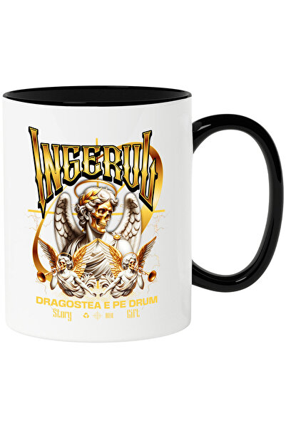 StoryGift Romania Cana cu Statuie Inger Cu aripi Trompete Text Ingerul Dragostea E pe Drum Valenti, Cu Maner Negru