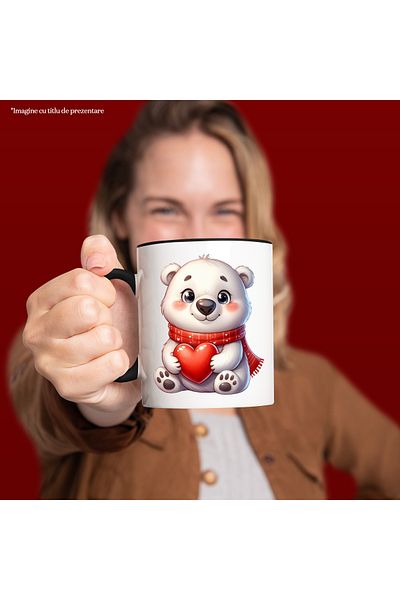 StoryGift Romania Mug with a polar bear holding a heart | illustration | scarf | blush, With Black Handle