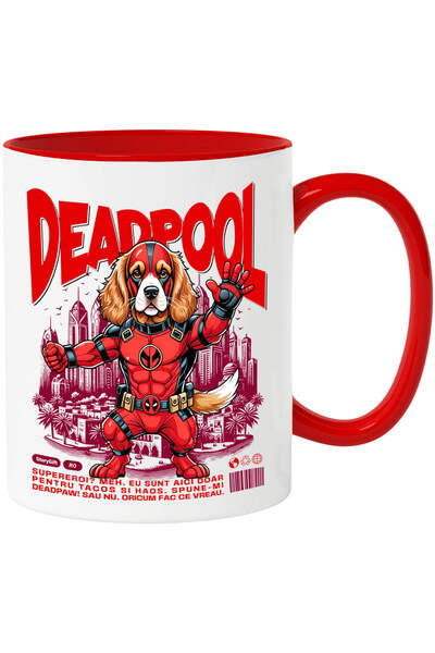 StoryGift Romania Cana cu Cocker Spaniel / Cocker Spaniel Caine In Costum de DeadPool cu Pelerina,, Cu Maner Rosu