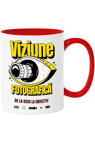 StoryGift Romania Cana ochii cu obiectiv, viziune fotograf arta, 330ml, Ceramic cu Maner Rosu, Cu Maner Rosu