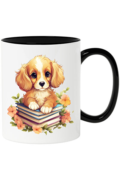 StoryGift Romania Cana cu un catel serios care sta pe un teanc cu carti | ilu...