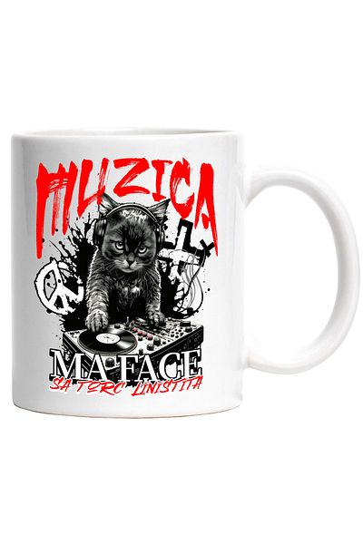 StoryGift Romania Cana pisica dj, muzica ma face s atorc linistita, iubtorii de motani, 330ml, Cer, Cu Maner Alb