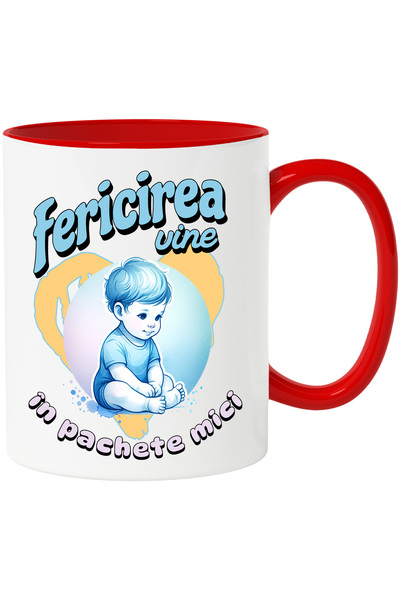 StoryGift Romania Cana Fericirea vine în pachete mici, copil bebe, familie, 330ml, Ceramic cu Mane, Cu Maner Rosu